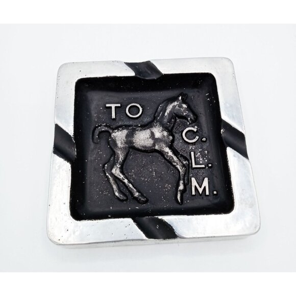 Metal Horse Ashtray Vintage Silver-Tone Inscribed to C.L.M. Tobacciana 1970s - Picture 4 of 14
